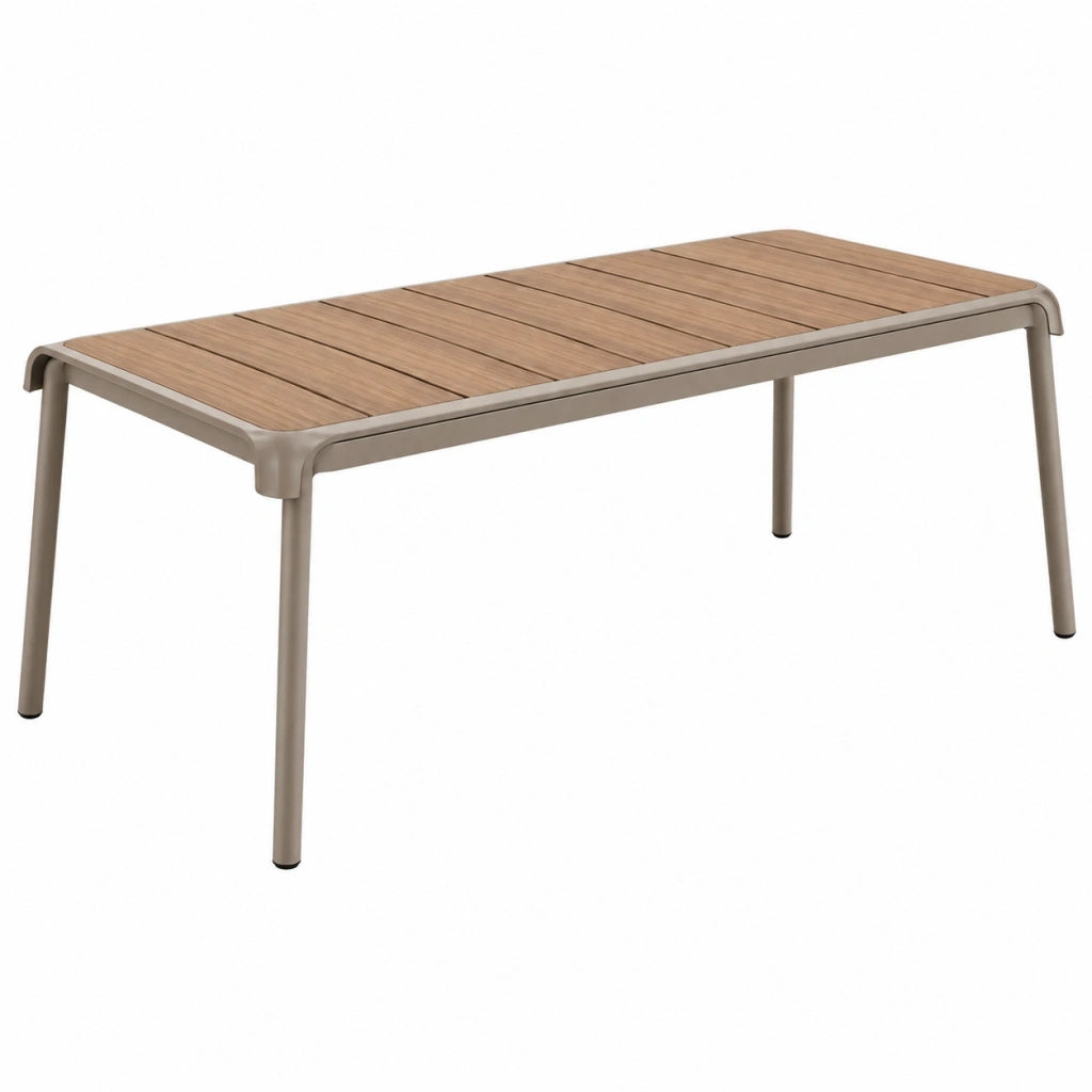 Tavolo da giardino 150 x 90 x 75 cm in metallo beige con piano effetto legno moderno