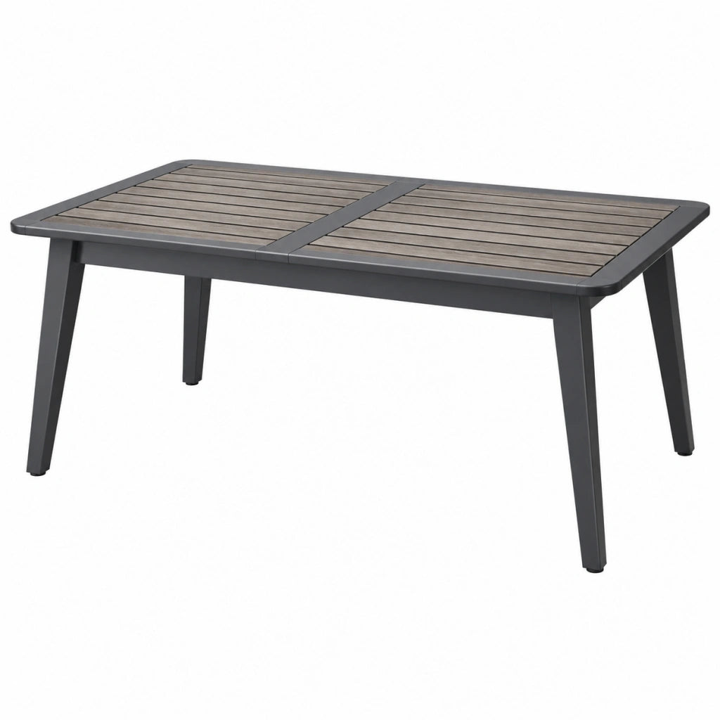 Tavolo da giardino 150 x 90 x 75 cm in alluminio grigio con piano a doghe effetto legno