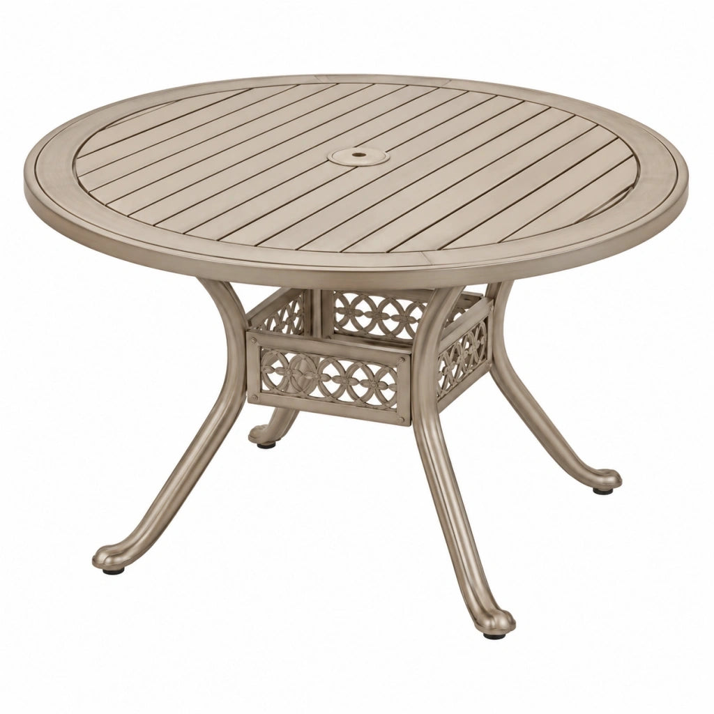 Tavolo da giardino rotondo diametro 120 cm in metallo beige con foro per ombrellone stile classico