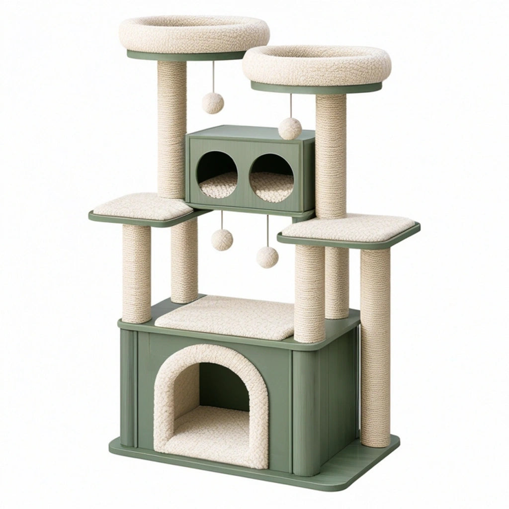 Albero tiragraffi per gatti 60 x 50 x 135 cm in legno verde e corda di sisal con cucce e piattaforme