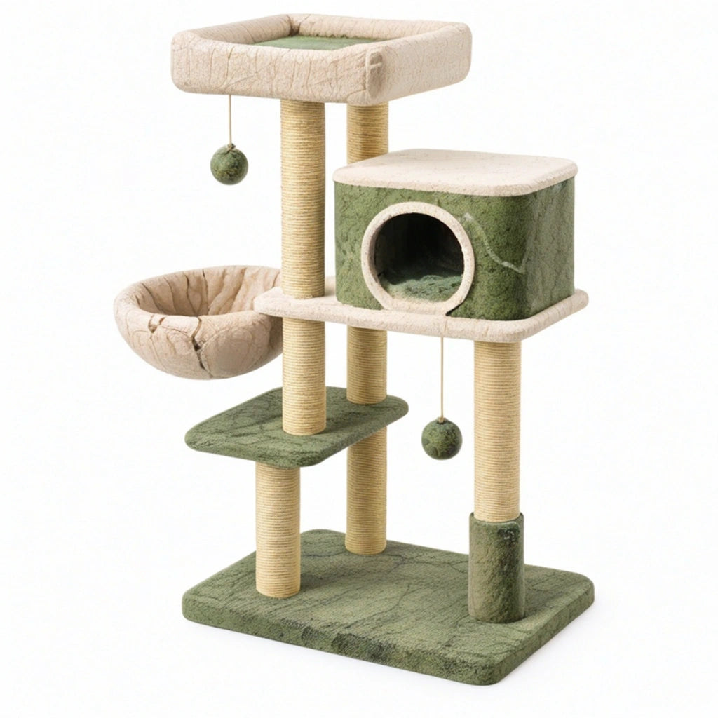 Albero tiragraffi per gatti 60 x 50 x 140 cm in sisal e peluche verde beige con cuccia e piattaforme