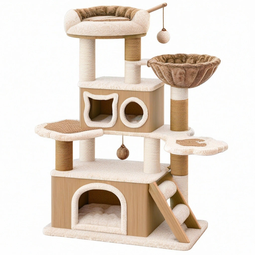 Albero tiragraffi per gatti 90 x 60 x 170 cm in legno beige e marrone con sisal e cuccette multilivello