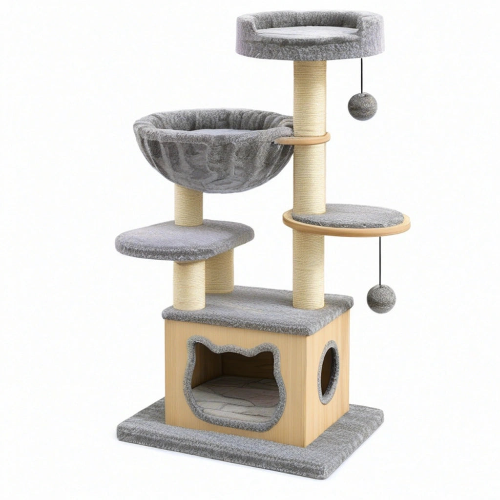 Tiragraffi per gatti 60 x 50 x 135 cm in legno sisal e tessuto grigio con cuccia e piattaforme