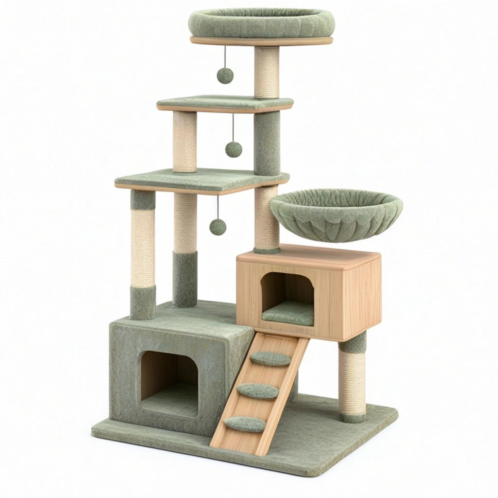 Tiragraffi per gatti 60 x 50 x 150 cm in legno e sisal verde con cucce e amaca