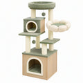 Tiragraffi per gatti 60 x 60 x 150 cm in legno e peluche verde salvia con cuccia piattaforme e palline sospese