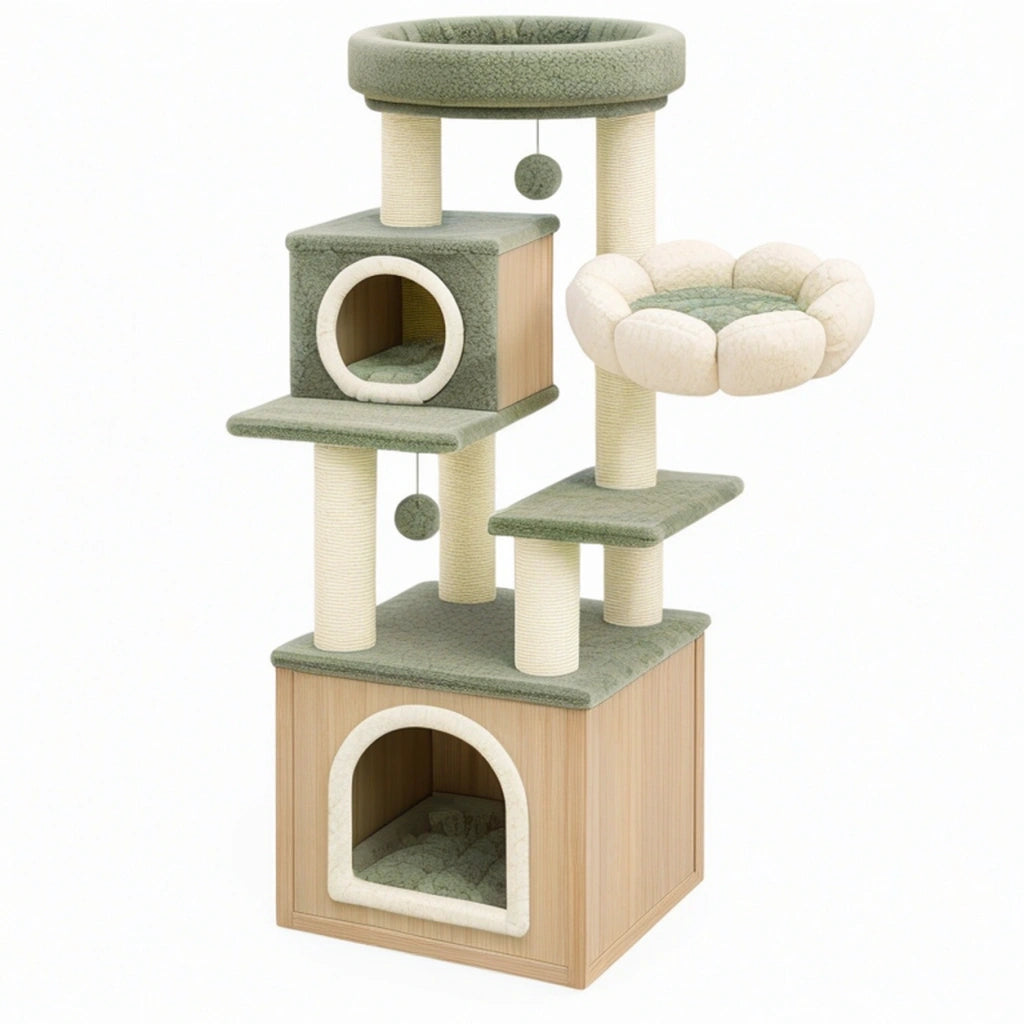Tiragraffi per gatti 60 x 60 x 150 cm in legno e peluche verde salvia con cuccia piattaforme e palline sospese