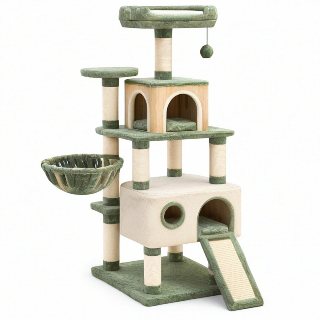 Albero tiragraffi per gatti 60 x 50 x 145 cm in legno e sisal verde beige con cuccette e piattaforme