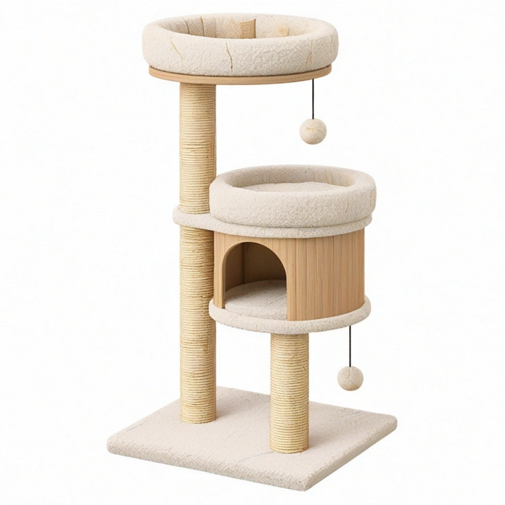 Tiragraffi per gatti 60 x 50 x 120 cm in legno beige con rivestimento in peluche e colonne in sisal