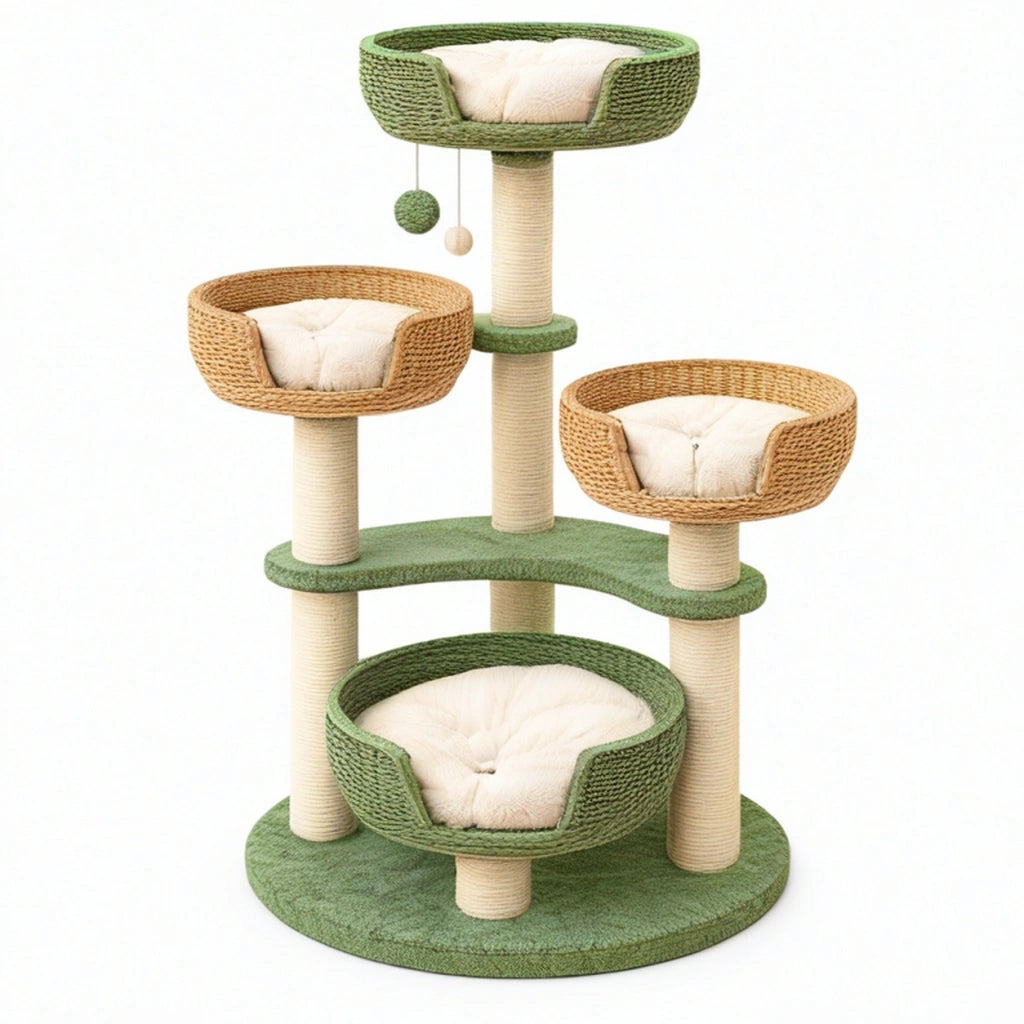 Albero tiragraffi per gatti 60 x 150 cm in sisal verde e beige - con cuccette e palline gioco
