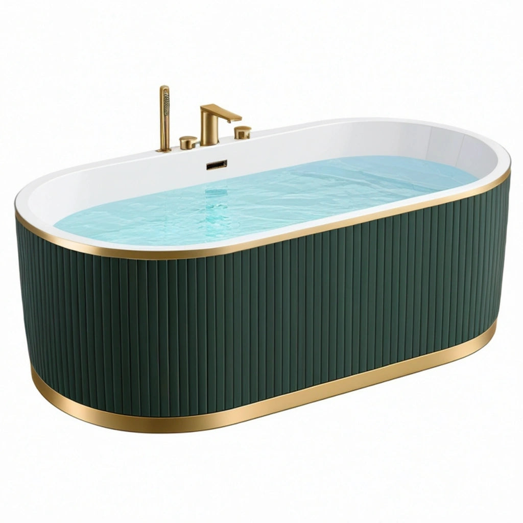 Vasca da bagno ovale 170 x 80 cm in acrilico bianca e verde con finiture dorate - freestanding moderna