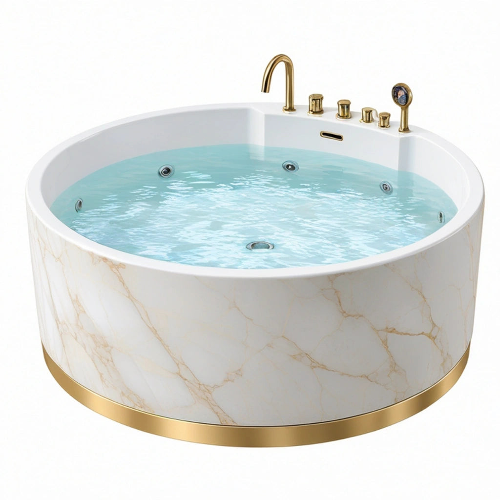Vasca idromassaggio rotonda 150 cm in acrilico bianco effetto marmo con finiture dorate