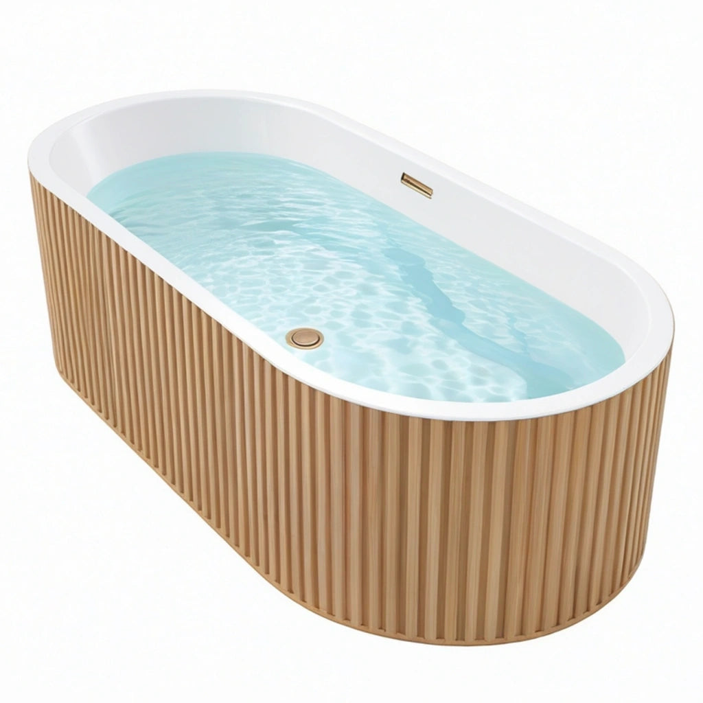 Vasca da bagno freestanding 170 x 75 x 58 cm in acrilico bianco con rivestimento effetto legno - design ovale