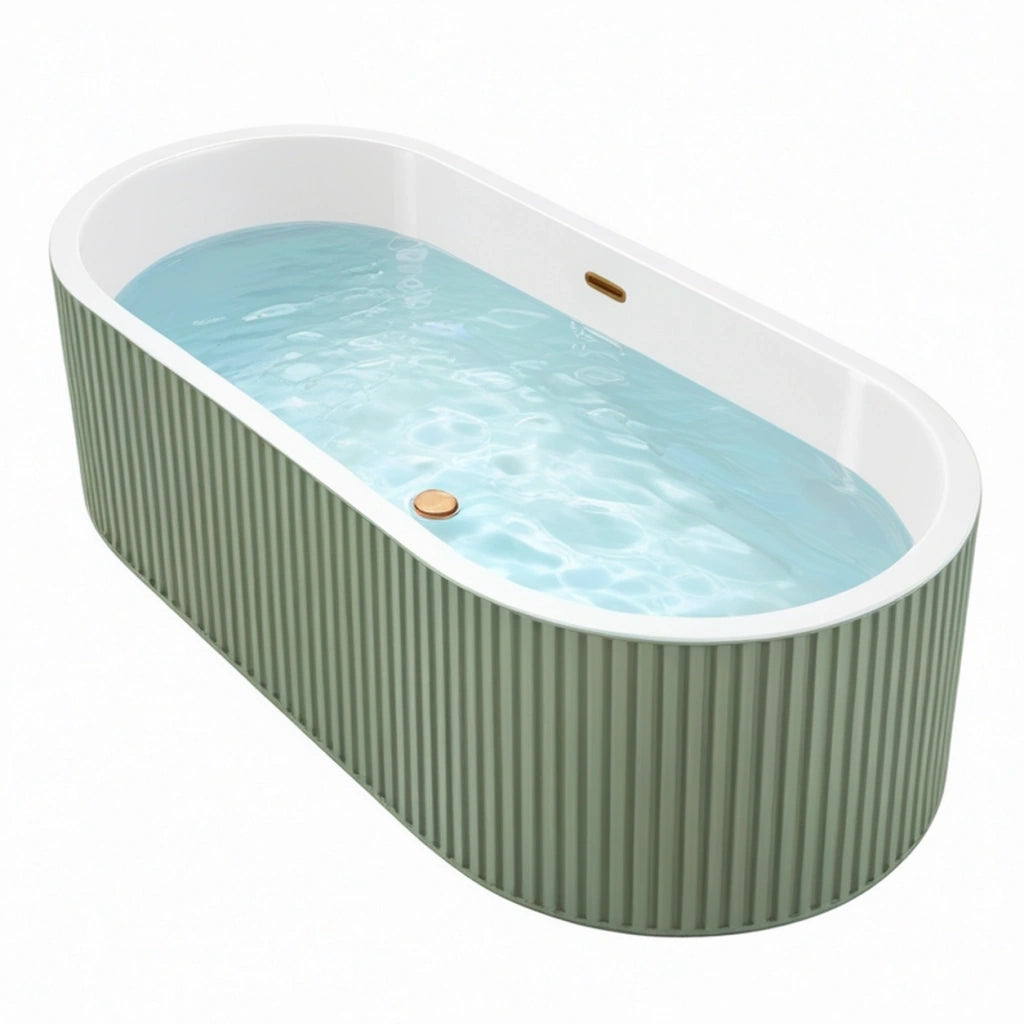 Vasca da bagno freestanding 170 x 75 cm in acrilico verde salvia con rivestimento scanalato